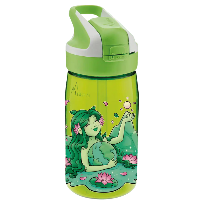 Botella de Tritan verde con tapón Summit y diseño de la diosa Gaia abrazando al planeta