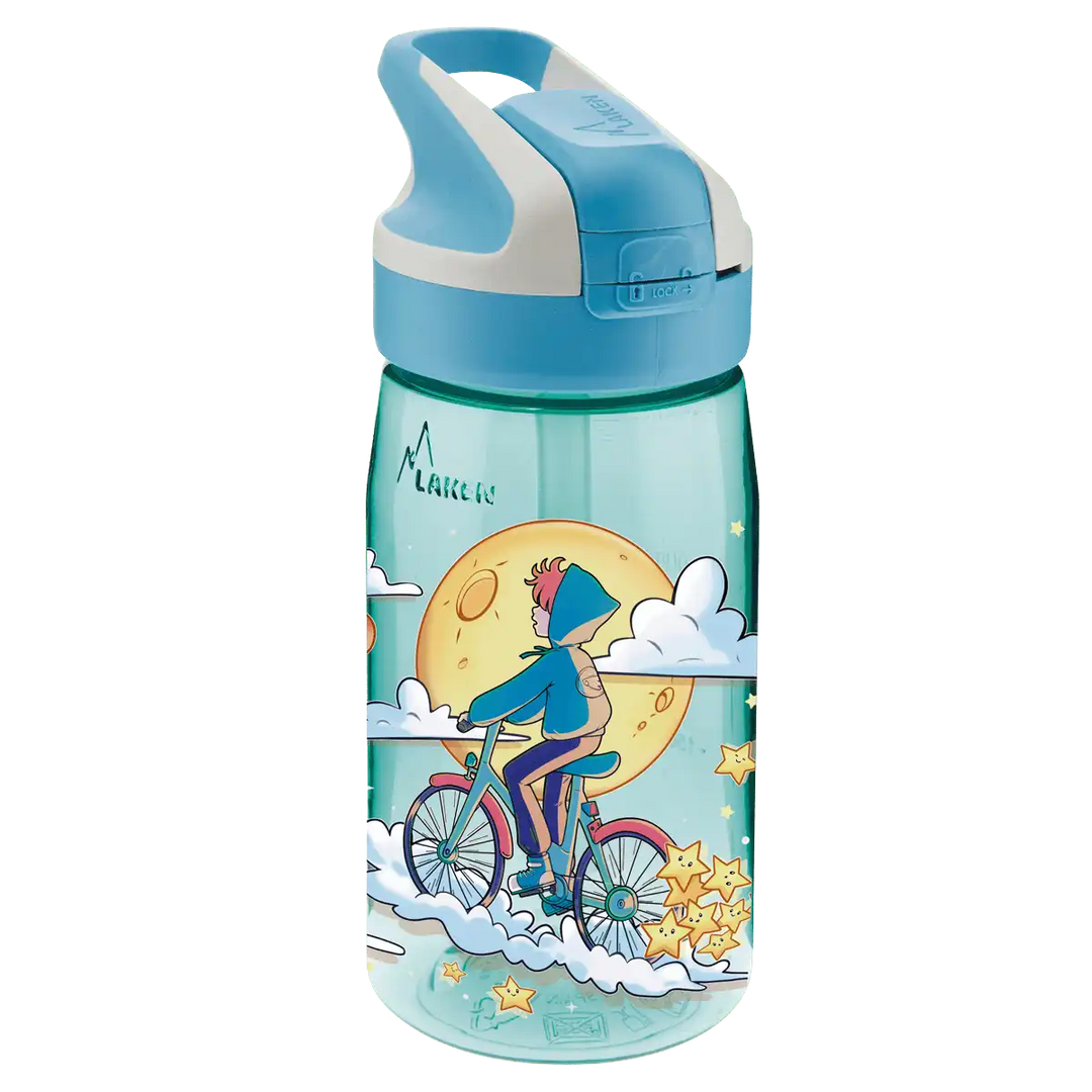 Botella de Tritan azul con tapón Summit y diseño de un niño en bicicleta por las nubes y la luna