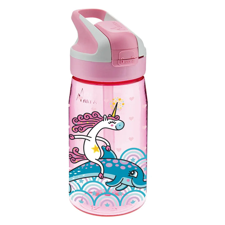 Botella de tritan infantil con tapón SUMMIT rosa y diseño de un unicornio sobre delfín