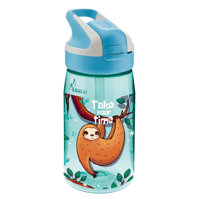 Botella infantil de Tritan azul con tapón SUMMIT e ilustración de perezosos agarrados a las ramas de los árboles