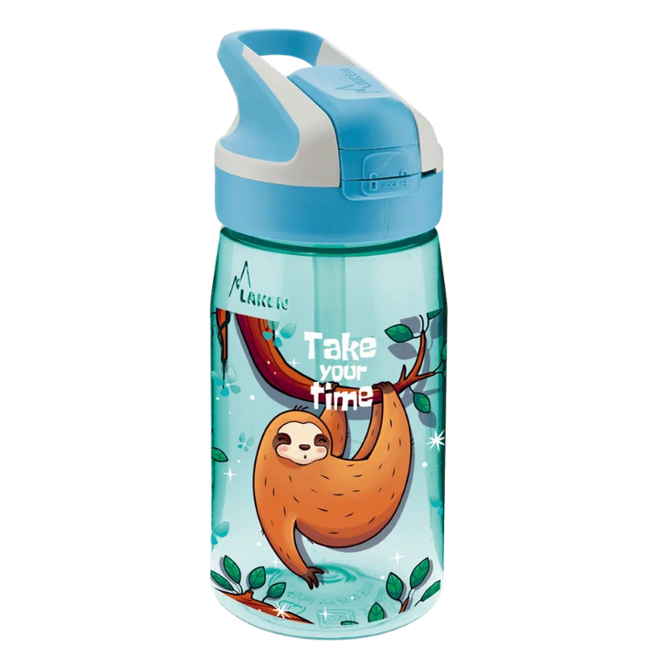 Botella infantil de Tritan azul con tapón SUMMIT e ilustración de perezosos agarrados a las ramas de los árboles