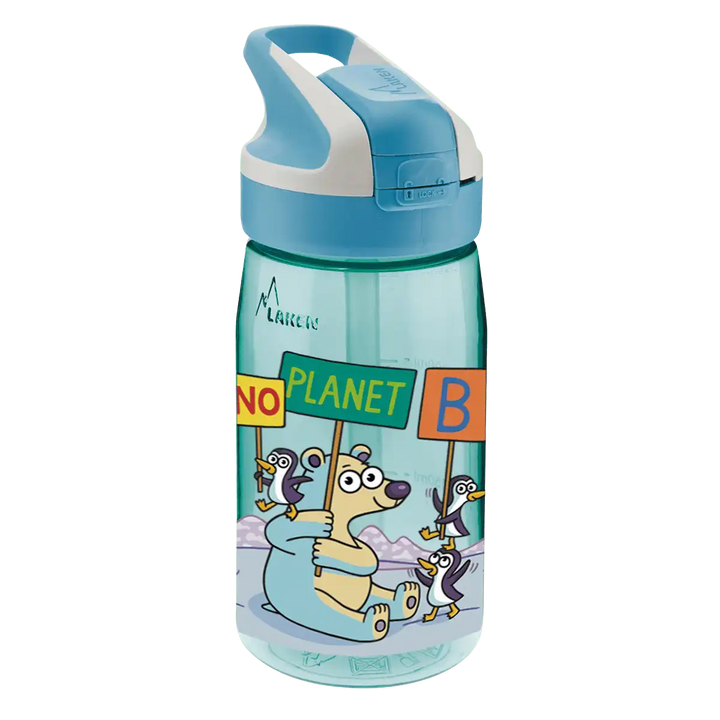 Botella de Tritan azul con tapón Summit y diseño de un oso y pingüinos con carteles de 'No hay planeta B'