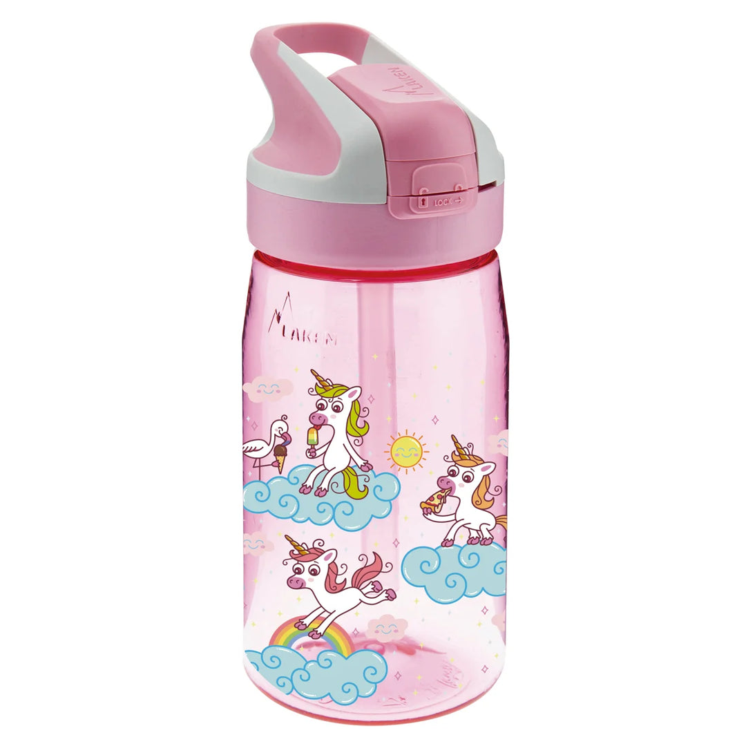 Botella de tritan infantil con tapón SUMMIT rosa y diseño de unicornios sobre nubes