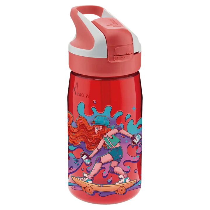 Botella de Tritan roja con tapón Summit y diseño de una adolescente en su skate mientras hace un grafiti