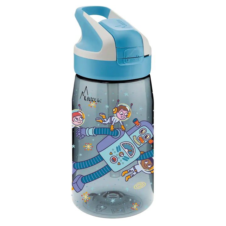 Botella de Tritan azul con tapón Summit y diseño de un robot acompañado de niños astronautas