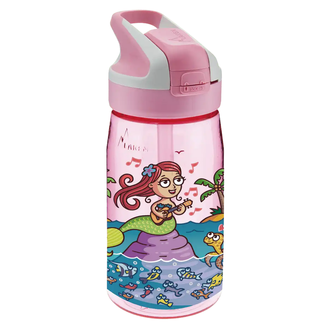 Botella de Tritan rosa con tapón Summit y diseño de una sirena cantando rodeada de animales marinos