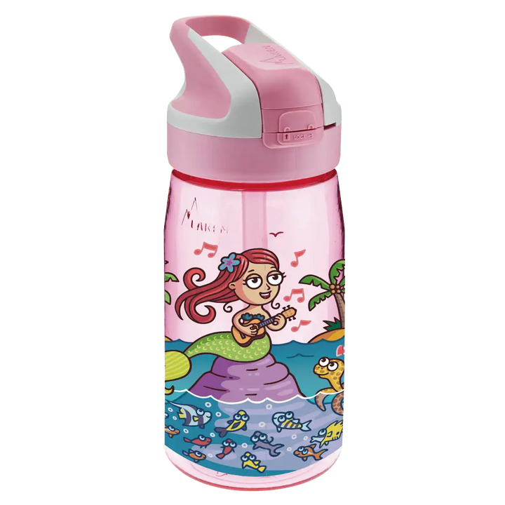 Botella de Tritan rosa con tapón Summit y diseño de una sirena cantando rodeada de animales marinos