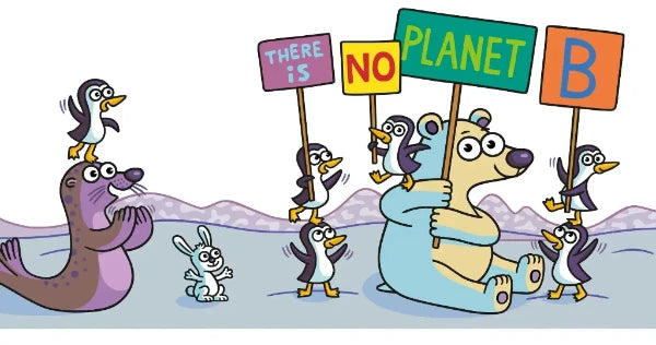 Ilustración de animales sosteniendo pancartas de "No hay planeta B"