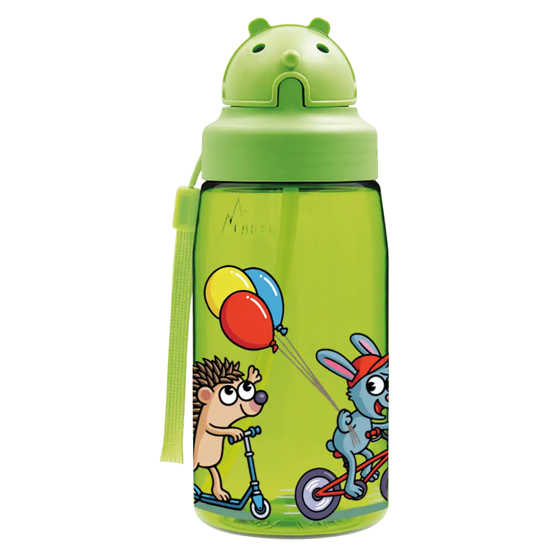 Botella de Tritan verde con tapón Oby y diseño de un erizo persiguiendo los globos de su amigo ratón