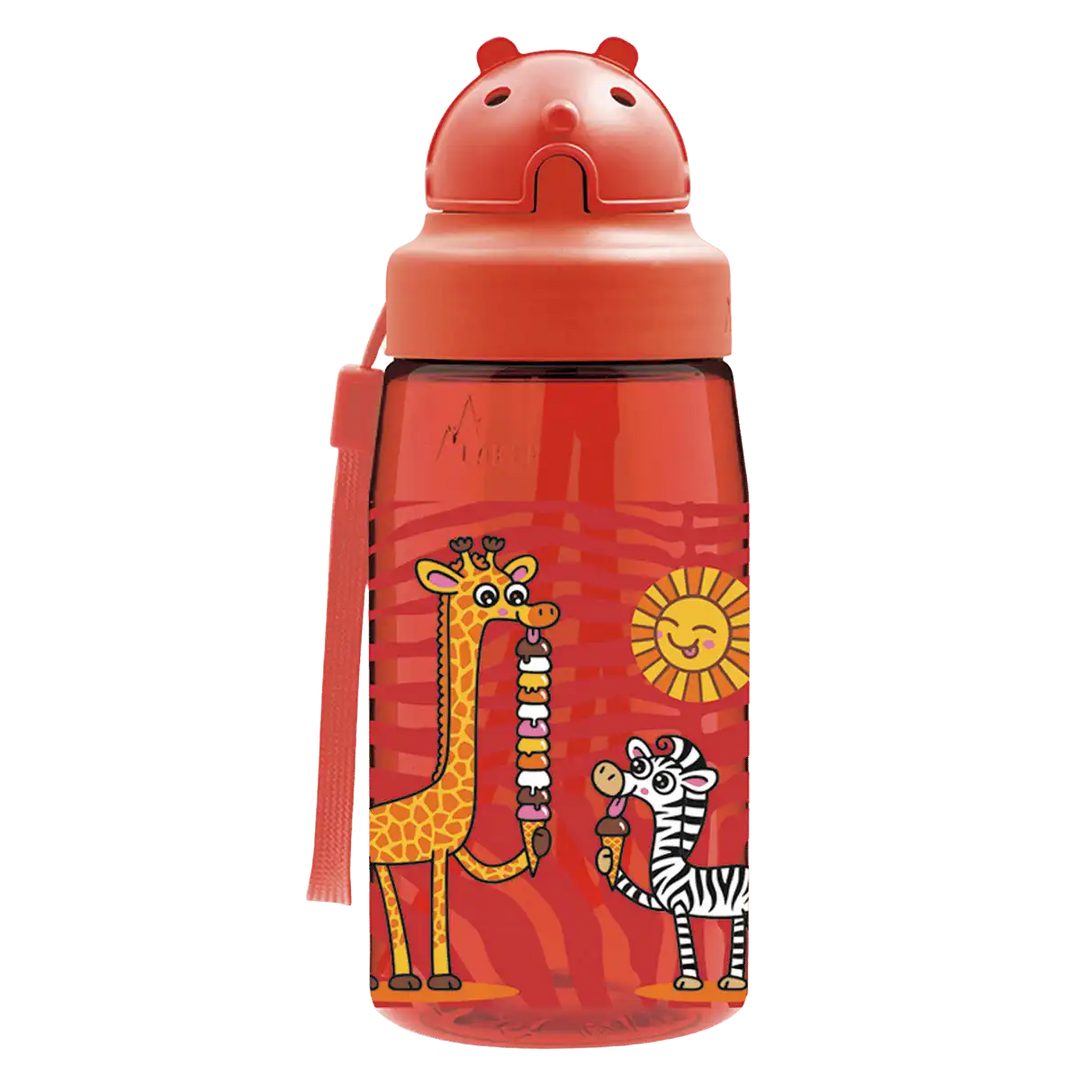 Botella de Tritan roja con tapón Oby y diseño de jirafas comiendo helado