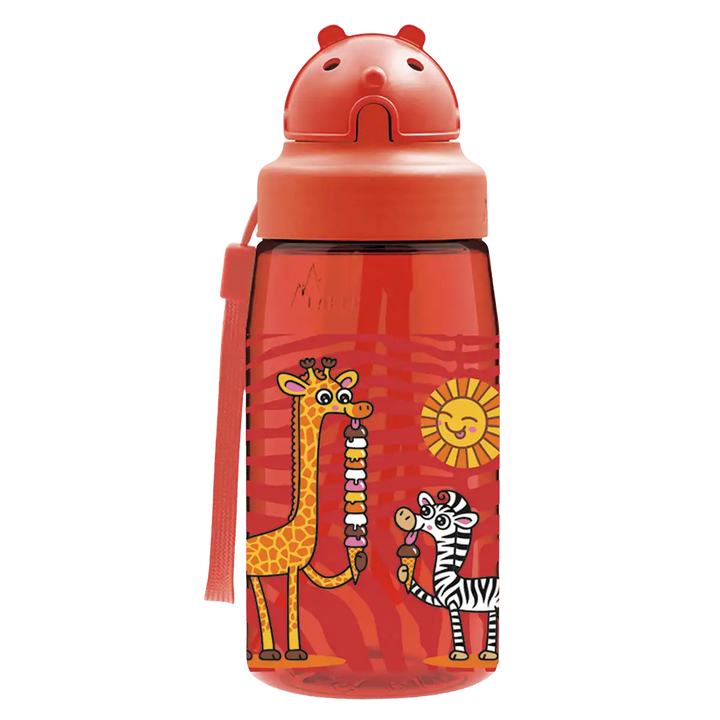 Botella de Tritan roja con tapón Oby y diseño de jirafas comiendo helado