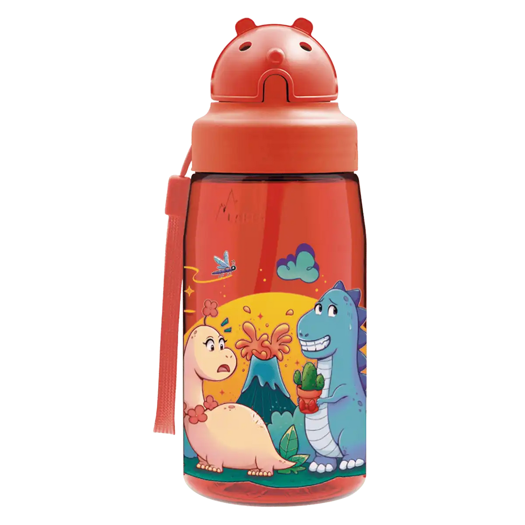 Botella de Tritan roja con tapón Oby y diseño de dos dinosaurios enfrente de un volcán en erupción