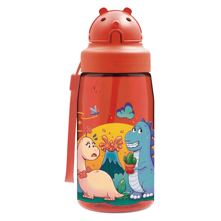 Botella de Tritan roja con tapón Oby y diseño de dos dinosaurios enfrente de un volcán en erupción