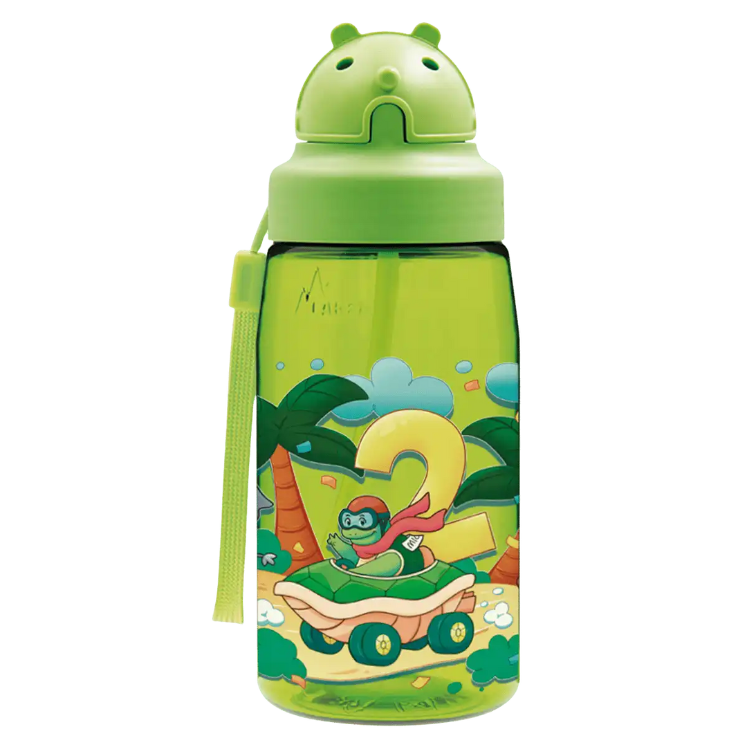 Botella de Tritan verde con tapón Oby y diseño de una carrera de animales