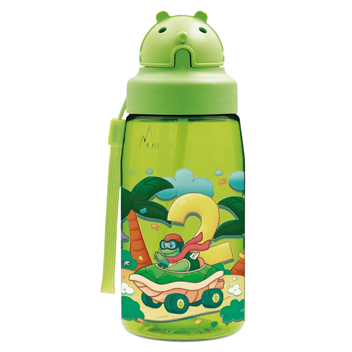 Botella de Tritan verde con tapón Oby y diseño de una carrera de animales