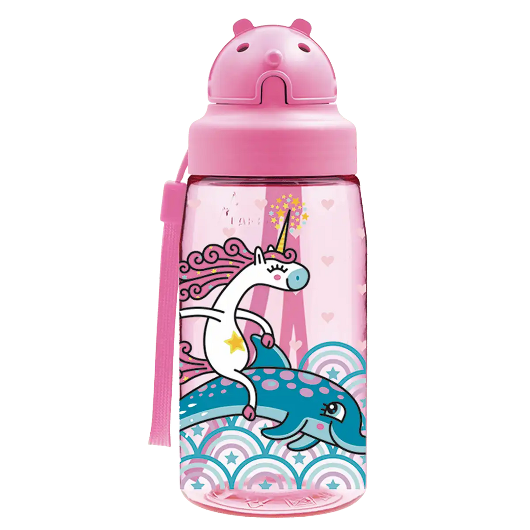 Botella de Tritan rosa con tapón Oby y diseño de un unicornio a lomos de un delfín