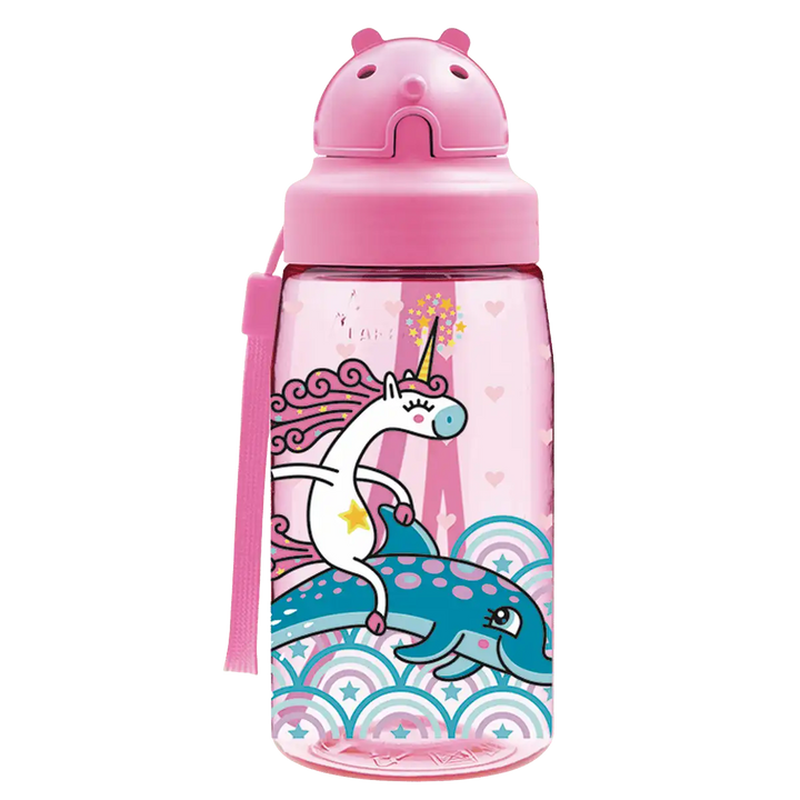 Botella de Tritan rosa con tapón Oby y diseño de un unicornio a lomos de un delfín