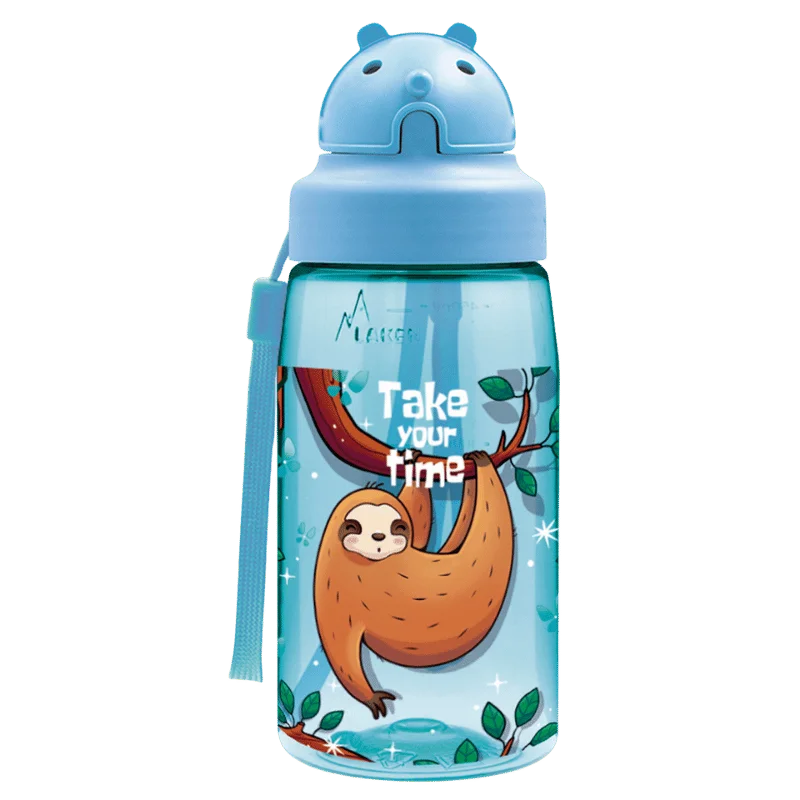 Botella infantil de tritan azul con tapón OBY e ilustración de perezosos agarrados a las ramas de los árboles