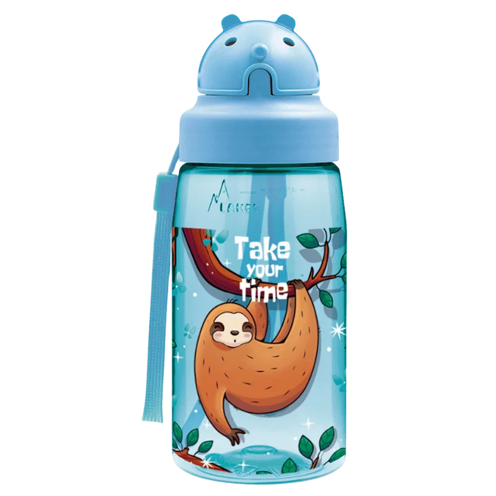 Botella infantil de tritan azul con tapón OBY e ilustración de perezosos agarrados a las ramas de los árboles