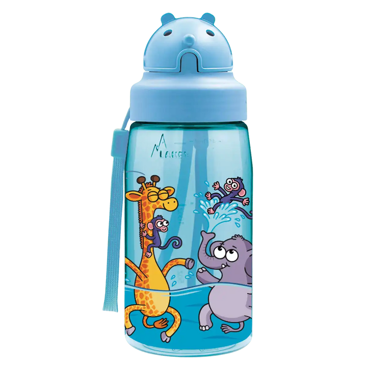 Botella de Tritan azul con tapón Oby y diseño de una jirafa, un elefante y monos jugando con agua