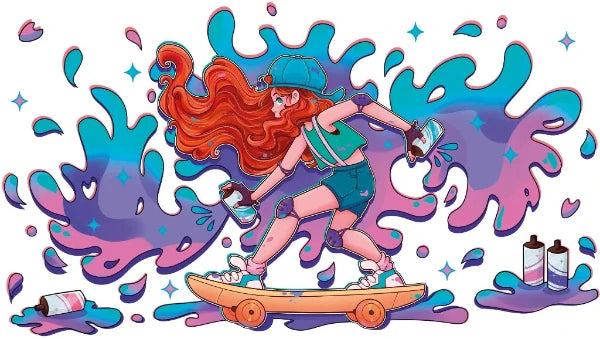 Ilustración de una adolescente en su skate pintando un grafiti en la pared