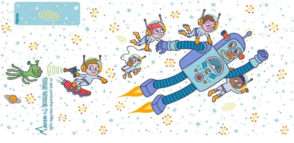 Ilustración de un robot en el espacio rodeado de niños astronautas, un perro y un marciano