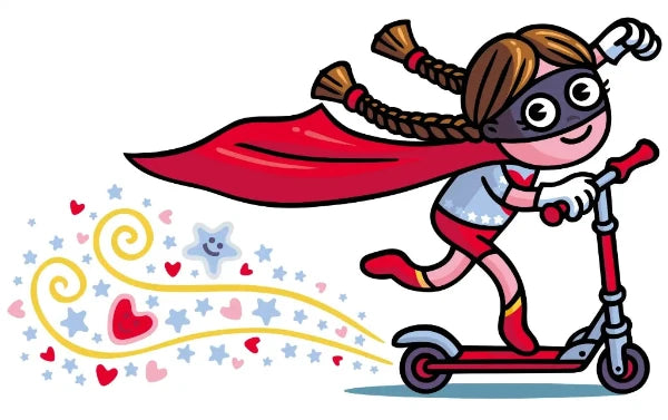 Ilustración de una niña vestida de superheroína subida en su patinete