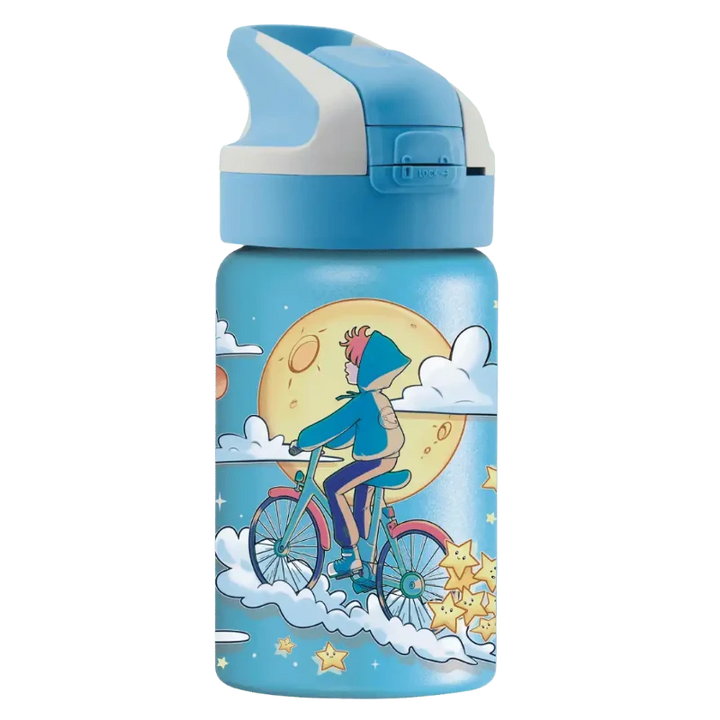 Botella térmica Summit azul con diseño de un niño en bicicleta por las nubes con la luna de fondo