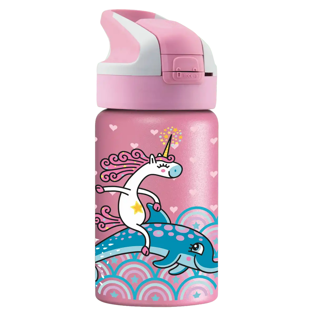 Botella térmica rosa con tapón Summit con diseño de un unicornio a lomos de un delfín