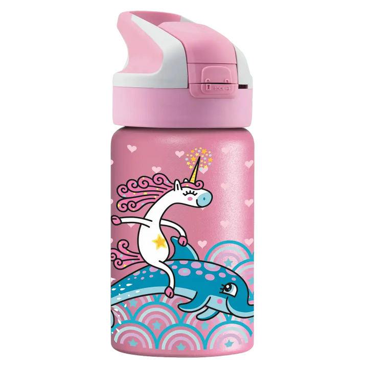 Botella térmica rosa con tapón Summit con diseño de un unicornio a lomos de un delfín