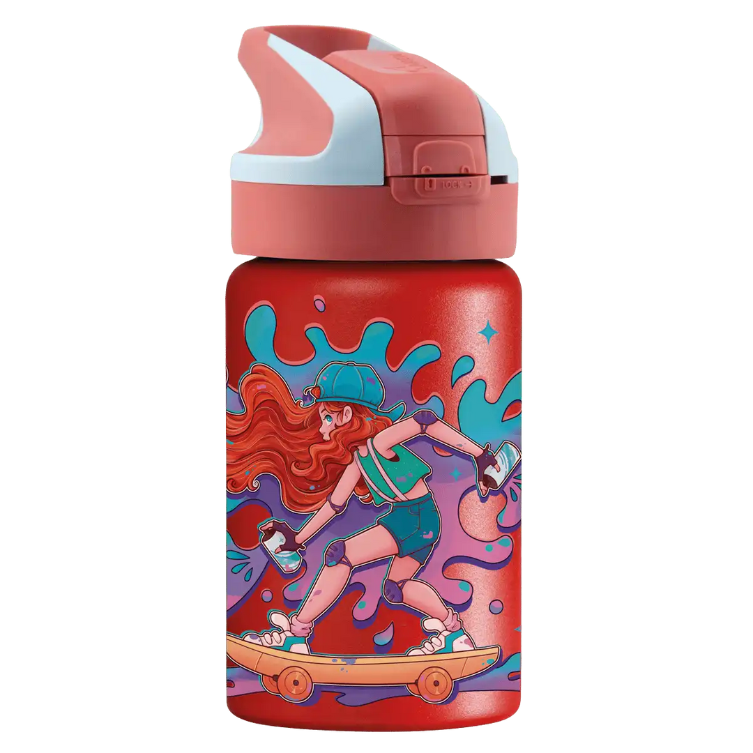 Botella térmica roja con tapón Summit con diseño de una chica en su skate pintando un grafiti