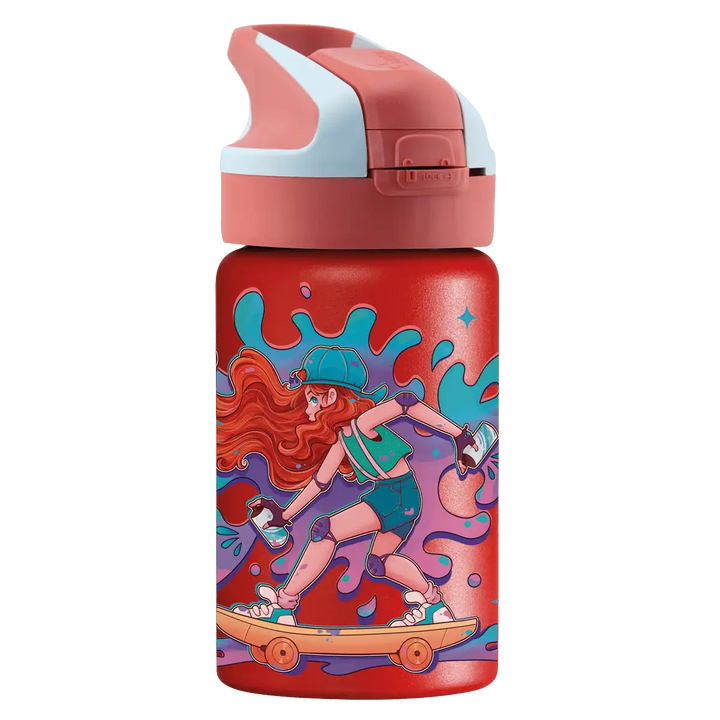 Botella térmica roja con tapón Summit con diseño de una chica en su skate pintando un grafiti