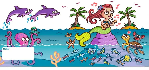 Ilustración de una sirena cantando con su ukelele mientras todos los animales la rodean y escuchan